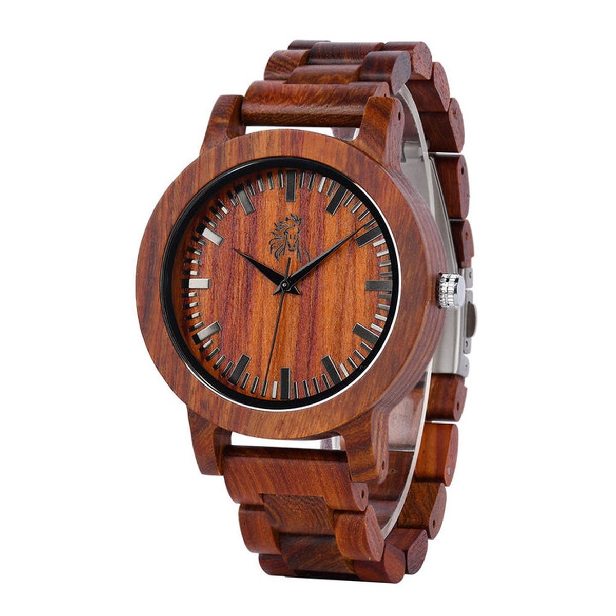 HO24-A04.1 : Red Maple houten horloge, band houten schakels ** KADO edelsteen armband