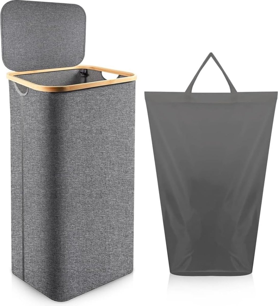 Goedkoopste Bamboe Wasmand met Deksel 100 l - Opvouwbare Wasmand met Vakken - Grijs