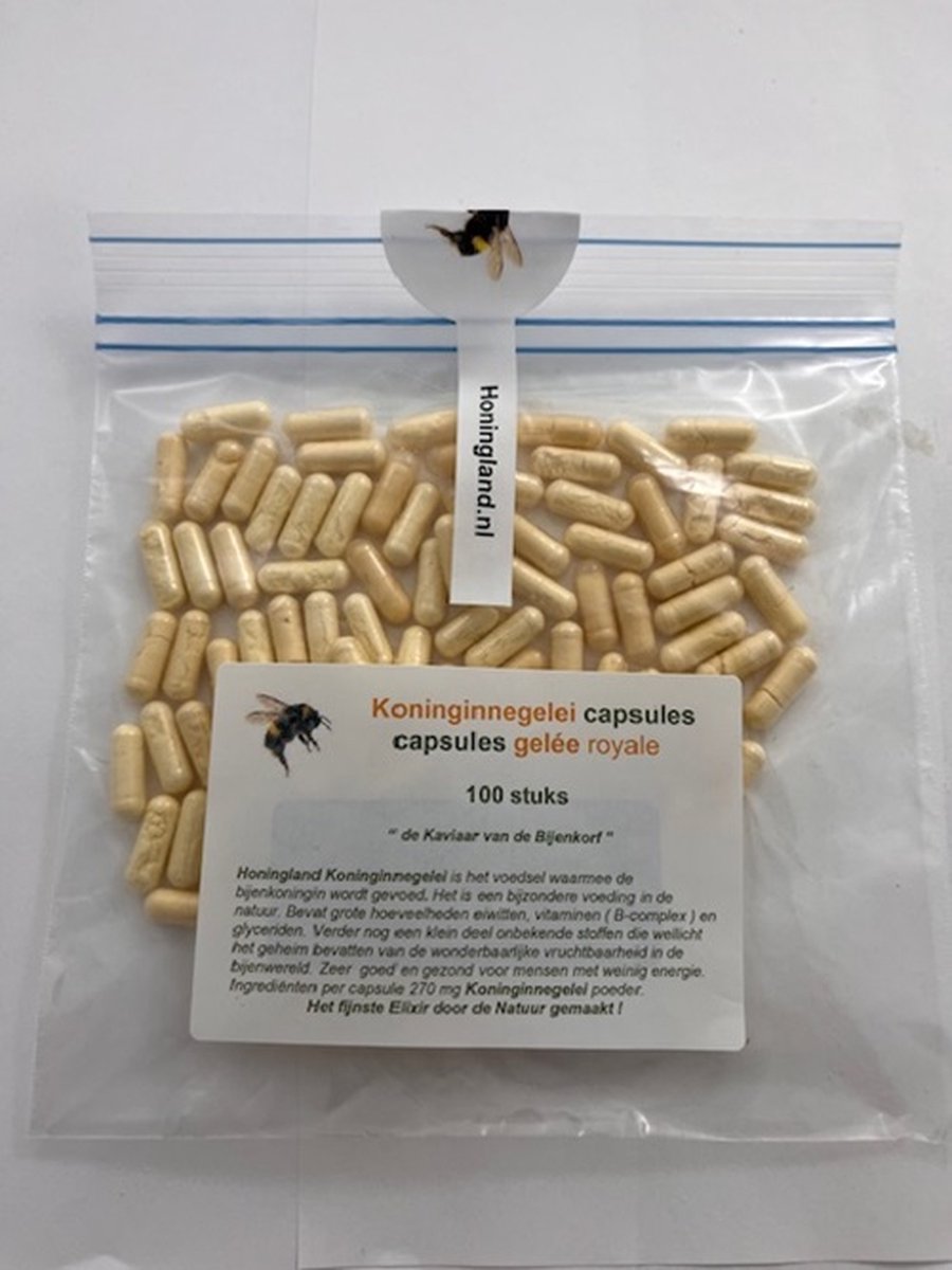 Goedkoopste Honingland Koninginnegelei capsules, Capsules gelée Royale, Royal Jelly capsels, Koninginnebrij capsules. 100 stuks