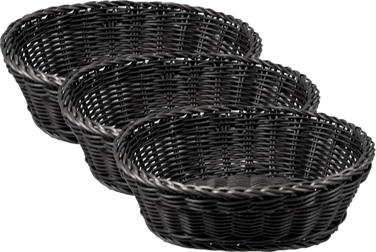 Cosy & Trendy broodmandje - 3x stuks - zwart - kunststof - ovaal - L25 x B20 x H8 cm - serveren