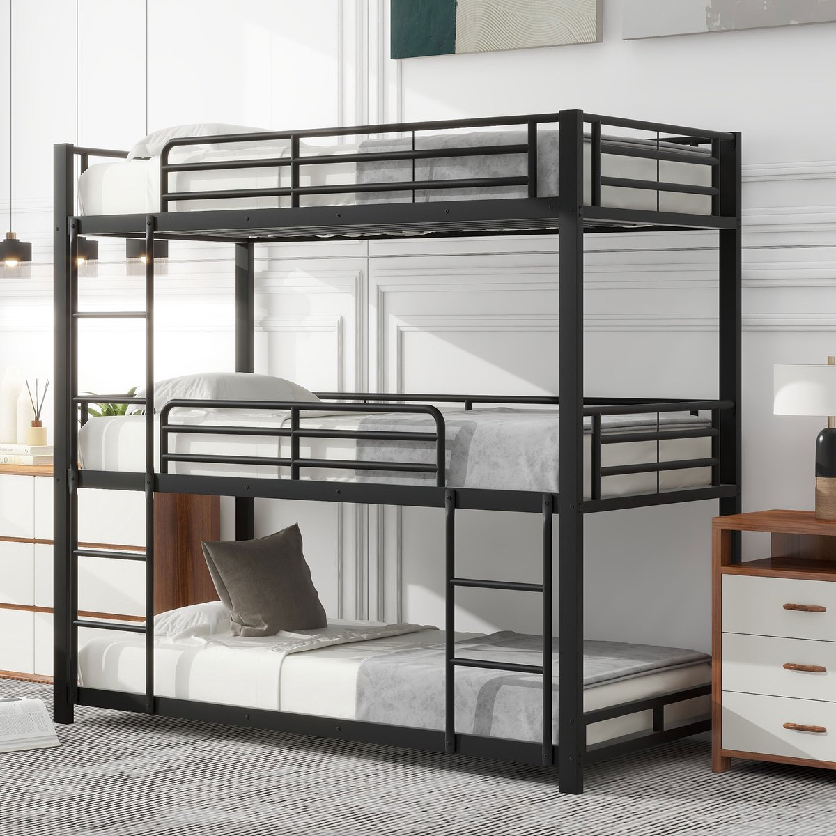 Sweiko Stapelbed - 90x200cm *3 - Metalen bed - Drievoudige bed voor Kinderen - Zwart