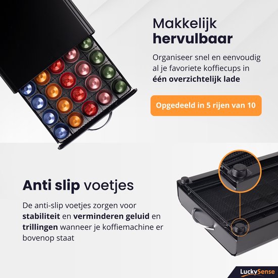 Capsulehouder met Lade – Koffiecups houder – Geschikt voor Nespresso – 50 Cups - RVS - Zwart