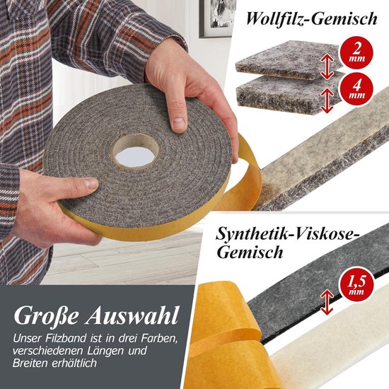 The Felt Store vilttape zelfklevend, 20 mm breed, 4 mm dik, 4 m lang, grijs gevlekt, bescherming tegen rammelen, afdichtingstape van vilt - Made in Germany