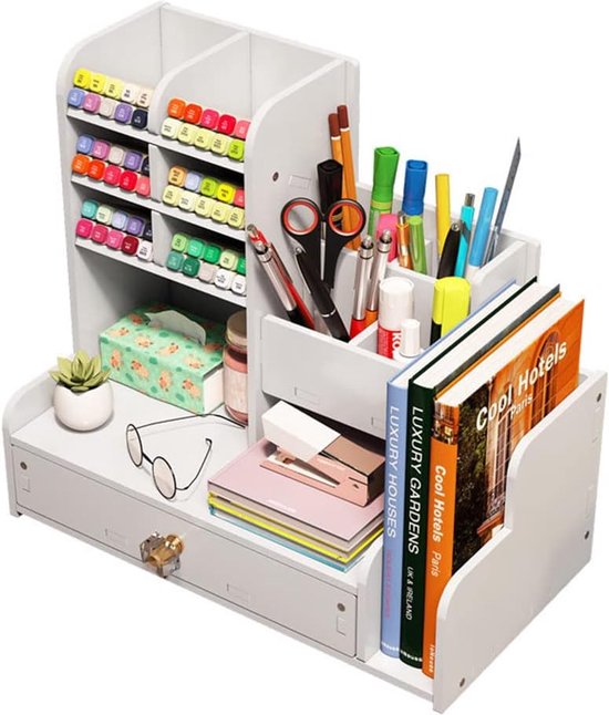 Foto: Sterke en stevige make up organizer bureau organizer met lade doe het zelf witte pennenhouder bureau caddy voor kantoorartikelen voor thuis kantoor en school