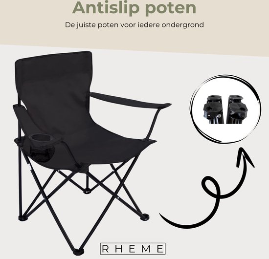 Zwarte campingstoel met close-up van antislip poten.