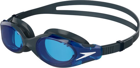 Donkergrijze zwembril met blauwe glazen en een Speedo-logo op de zijkant.