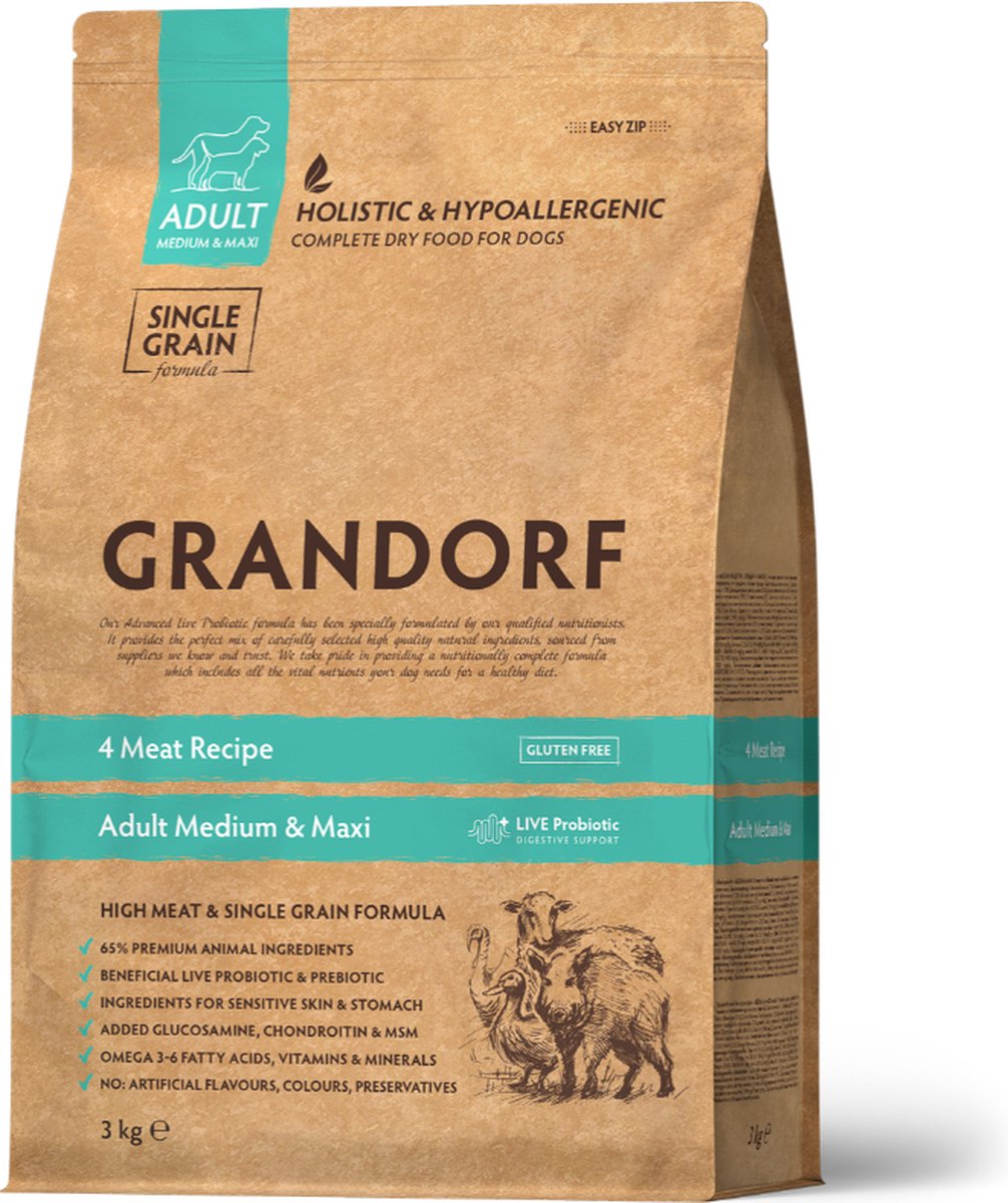 Grandorf - Hondenvoer - 4Meat - Adult - Single Grain - Glutenvrij - Hypoallergeen - Levende Probiotica - 3Kg