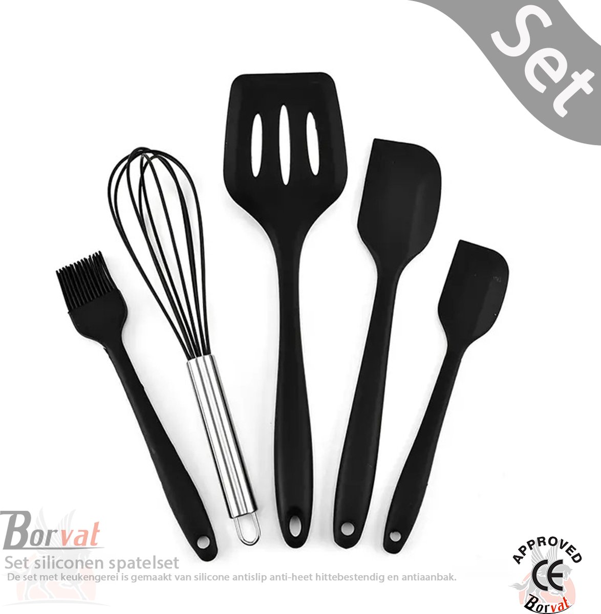 Borvat® - Set siliconen spatelset - keukengerei - bedruip kwast - lijmkwast voor deeg - eiklopper - spatel met sleuven - siliconen kookspatel - niet klevend - Zwart - 5 Stuks - Set