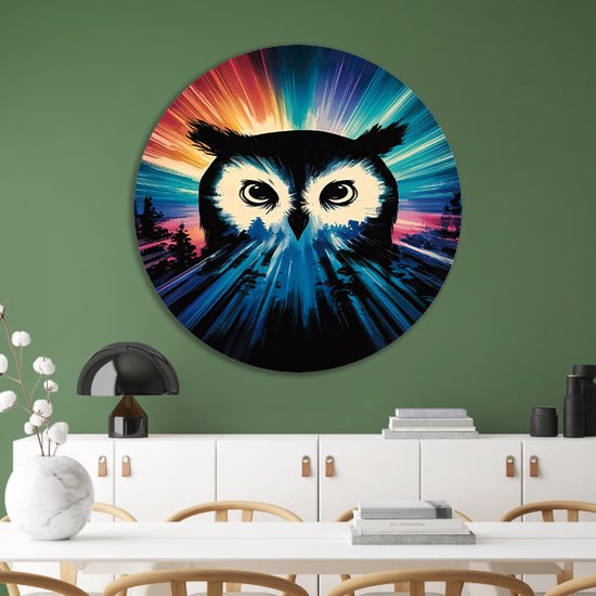 Uil muurcirkel - Dieren schilderij - Wanddecoratie rond Kleuren - Muurdecoratie landelijk - Schilderij rond - Wanddecoratie slaapkamer muurcirkel aluminium 50x50 cm