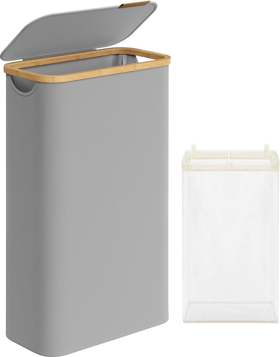 Goedkoopste FurnStar - Wasmand - 65 liter - wasverzamelaar met deksel - opvouwbaar - uitneembare waszak - Oxford-weefsel - handgrepen van bamboe - inklapbaar - 42 x 22,5 x 70,5 cm - duifgrijs