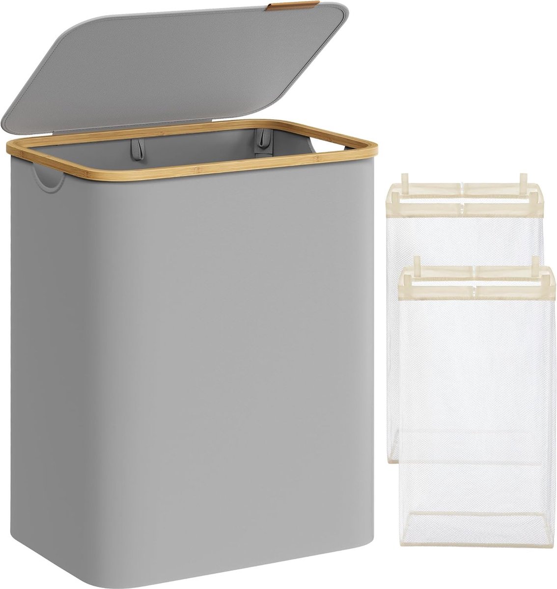 FurnStar - Wasmand met deksel - Wasverzamelaar met 2 vakken - 130 Lt - Uitneembare waszak - Oxford-weefsel - Handgrepen van bamboe - Inklapbaar - 52 x 38,5 x 70,5 cm - duifgrijs