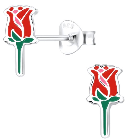 Joy|S - Zilveren roos oorbellen - rood roosje bloem oorknoppen - 5 x 10 mm