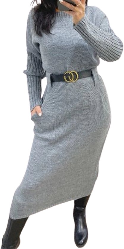 Dilena fashion jurk lang gebreid riem grijs