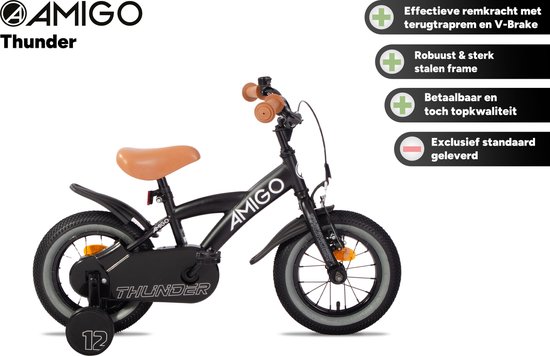 AMIGO Thunder Jongensfiets 12 Inch - Kinderfiets voor 2 tot 4 Jaar - 90-105 cm - Met Zijwieltjes - Zwart/Wit van AMIGO — afbeelding 2