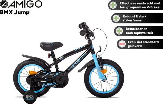 AMIGO BMX Jump Jongensfiets 14 Inch - Kinderfiets voor 3 tot 5 Jaar - 95-110 cm - Met Zijwieltjes - Zwart/Blauw — afbeelding 2