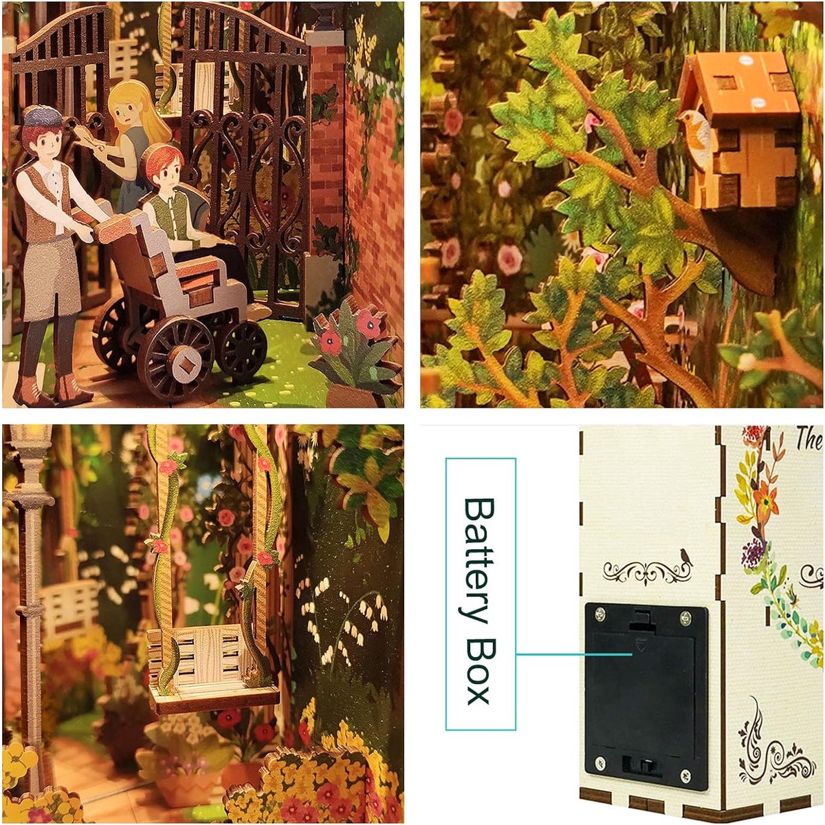 Tonecheer The Secret Garden Book Nook Bouwpakket - Modelbouw - 18,2 x 8 x 24,5 cm - Houten 3D Puzzel - Boekensteun - LED-licht - Bewegingssensor Licht - Boekenhouder — afbeelding 14