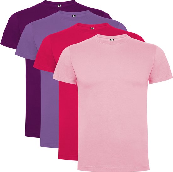 4 Pack Dogo Premium Heren T-Shirt 100% katoen Ronde hals Licht Paars, Donker Paars, Fuchsia, Roze Maat L