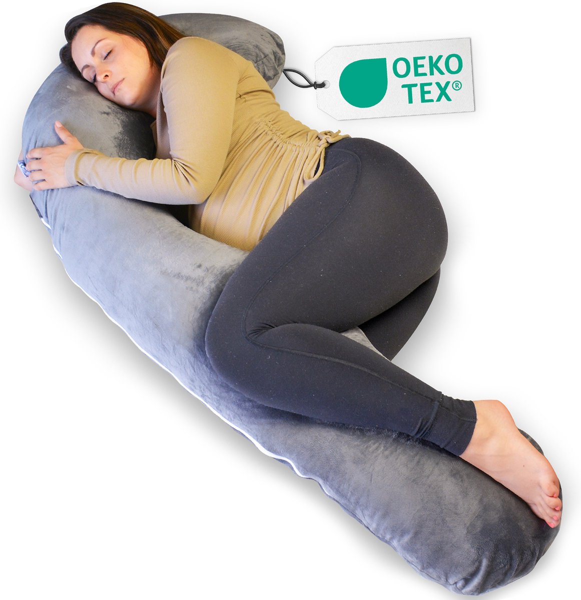 Goedkoopste Ella Zwangerschapskussen XXL J-vorm - Zijslaapkussen - Lichaamskussen - Voedingskussen - Body Pillow - 155cm - Afneembare Minky Fleece Hoes - Grijs