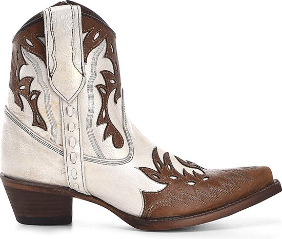 Circle G dames cowboy enkellaarzen in wit en bruin leer met lichte stiksels