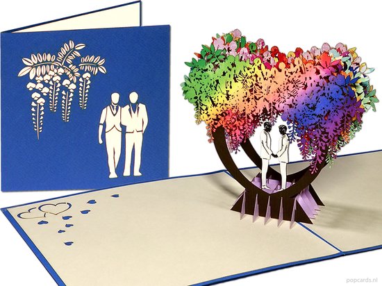 Popcards popupkaarten – Trouwkaart 2 mannen onder prachtige regenboog bloemenboog in hartvorm – Homoseksueel bruidspaar – Homo gay huwelijkskaart Homohuwelijk Geregistreerd partnerschap Samenwonen