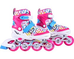 foto van Move verstelbare inline skates Love maat 30-33 (small) - Skeelers voor kinderen - Roze met hartjes design - ABEC 7 wielen