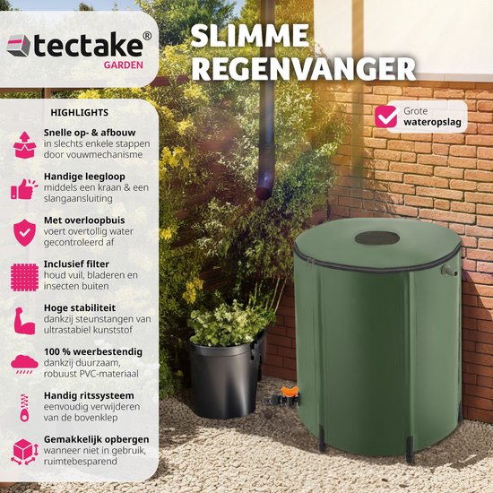 Tectake Opvouwbare Regenwatertank 380L Groen - Met Deksel, Kraan En Overloopbeveiliging