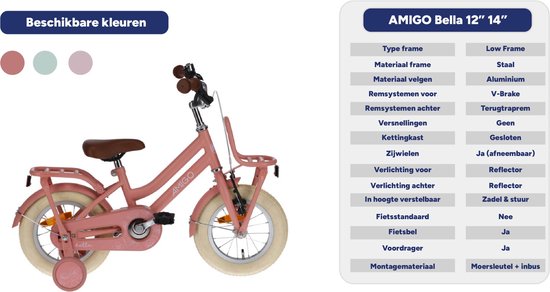 AMIGO Bella Meisjesfiets - Kinderfiets voor Meisjes - 12 Inch 21 cm - Terugtraprem - Zalmroze van AMIGO — afbeelding 3
