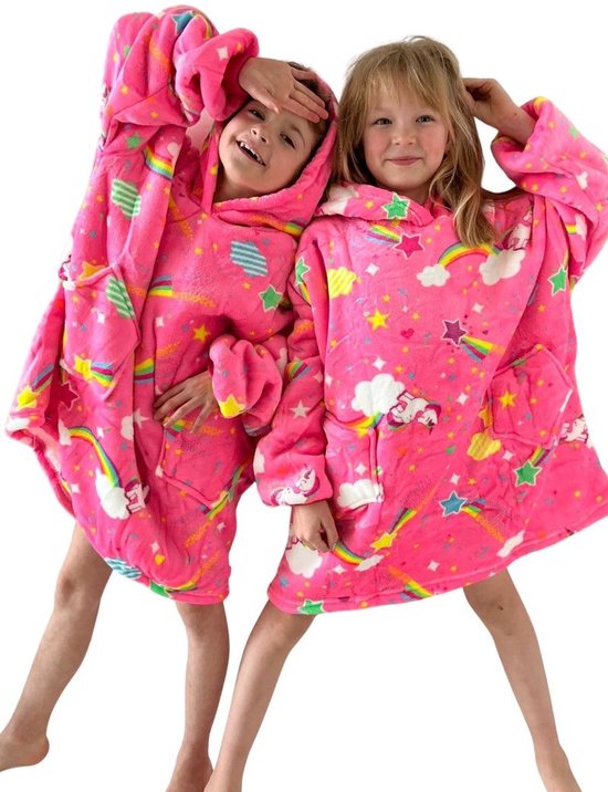 Unicorn fleece deken met mouwen en capuchon voor kinderen - fleece kinderponcho unicorn - fleece deken met mouwen - plaid met mouwen - hoodie blanket - maat 134 t/m 158 (8-12 jr) - neon roze