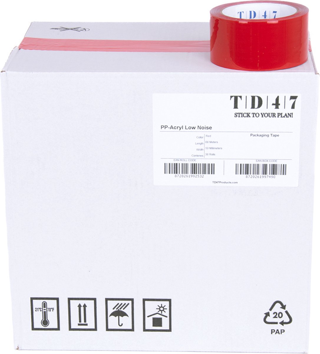 TD47 Verpakkingstape PP low noise 50mm x 66m Rood (Doos 36 Rollen)