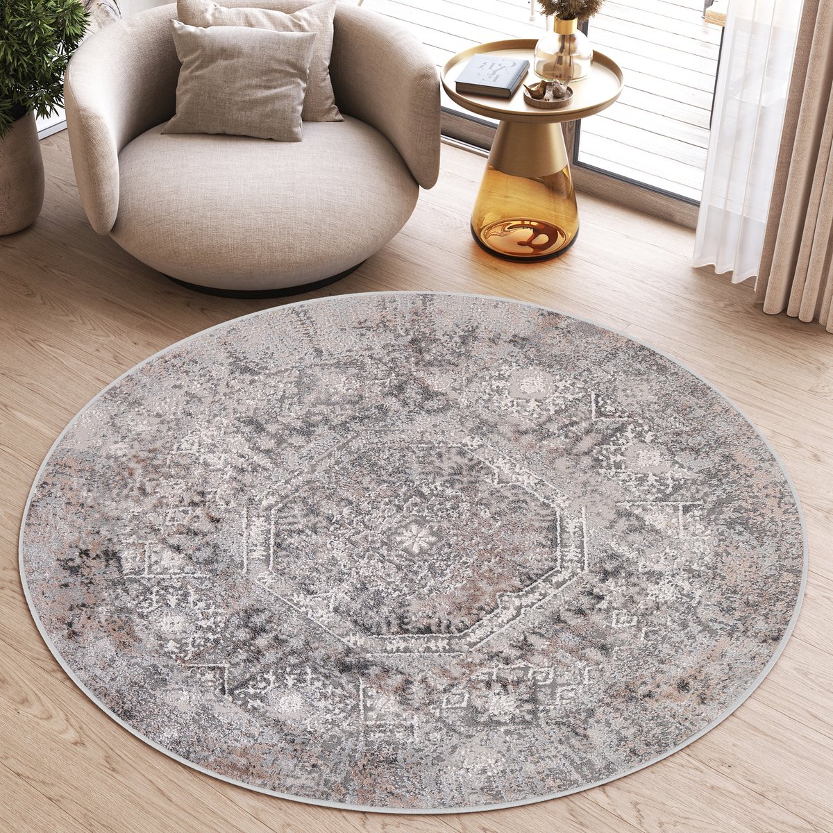 Tapiso Valley Rond Vloerkleed Lichtgrijs Vintage Laagpolig Tapijt Maat- 240x240