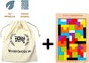 Opbergzak met Woody Doody logo en een houten puzzel met gekleurde blokken. Ernaast de tekst 'ECO VRIENDELIJK' en 'ROBUUST MATERIAAL'.