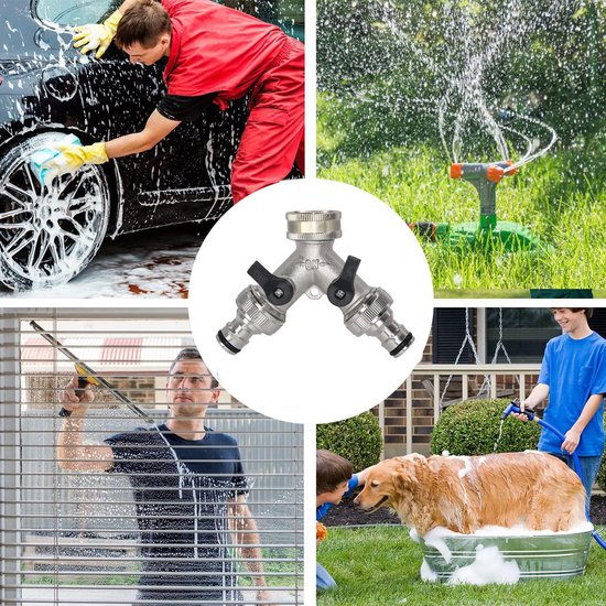 Zilveren Y-kraanverdeler met zwarte hendels, aangesloten op waterkranen voor carwash, sproeier en hondendouche.