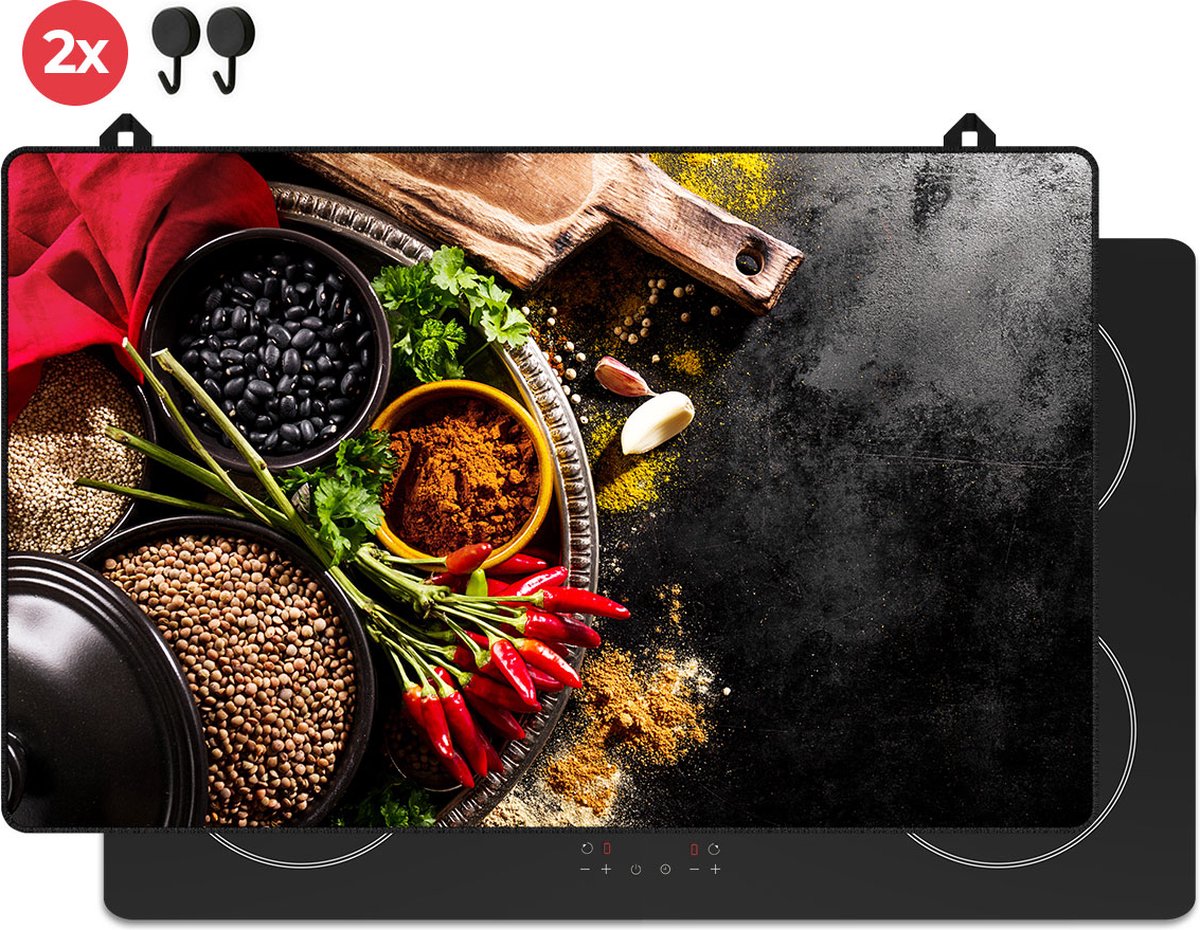 KitchyMist Inductie Beschermer 83x52 cm - Pittige Kruiden en Specerijen - Kookplaat Beschermer - Afdekplaat voor Kookplaat - Inductie Mat - Spatscherm Achterwand Keuken