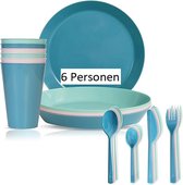 Campingservies 36-delig in pasteltinten voor 6 personen, borden en bekers van hard plastic, herbruikbaar, magnetronbestendig en vaatwasmachinebestendig.