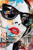 JJ-Art (Aluminium) 120x80 | Vrouw in Rome, gezicht, popart, abstract, Italie, kleurrijk, kunst | mens. wit, blauw, rood, zwart, modern | foto-schilderij op dibond, metaal wanddecoratie