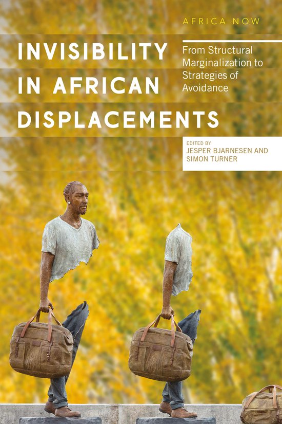 Boekomslag met de titel "Invisibility in African Displacements" en beelden van twee mannen met koffers.