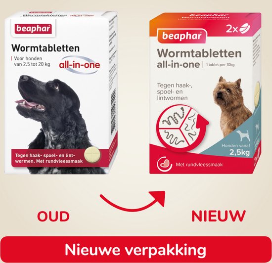 Oude en nieuwe verpakking van Beaphar wormtabletten voor honden, met een zwarte en een bruine hond.