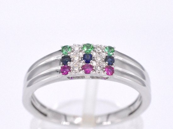 Witgouden Ring met Diamant en Multicolour Edelstenen
