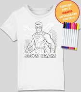 Inkleurbaar t-shirt kinderen – superheld - kinderspeelgoed – 3 tot 8 jaar - eigen naam – gepersonaliseerd – kleuren – viltstiften voor kinderen – t-shirt