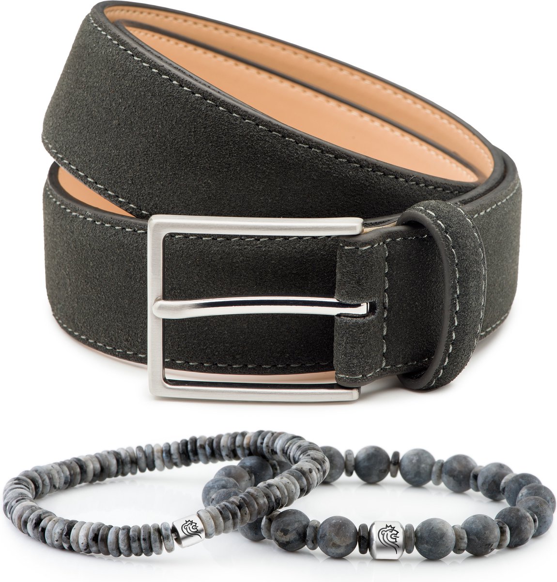 DTCH.FIT Kralen armband Joe Grey one size & Suède riem Bobby Grijs - 3,5cm breed - 105cm - Totale lengte 120cm