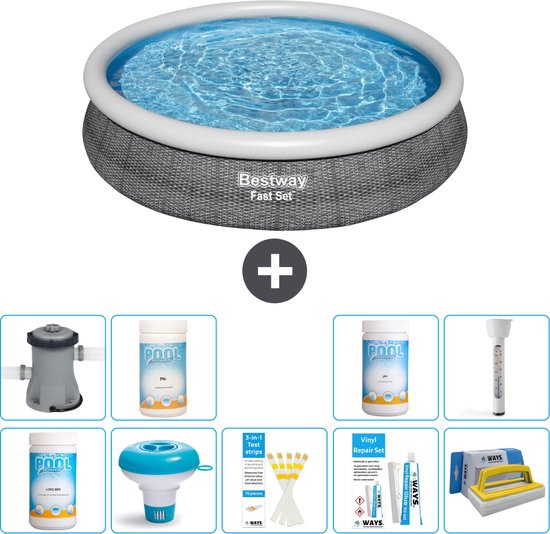 Piscine Opblaasbaar ronde Bestway à Set Fast - Motif rotin - 366 x 76 cm - Pompe à Chlore incluse - Flotteur de chlore - Bandelettes de test - Kit de réparation - Brosse à récurer - PH-moins - PH-plus - Thermomètre