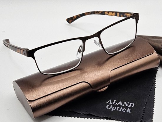 Lunettes de lecture unisexes +2, 0 / Étui rigide, étui souple et 2 chiffons inclus / Monture métallique / Monture marron classique 0722 / 309 / Lunettes de lecture correctrices pour femmes et hommes / Aland Optics / Lunettes de lecture