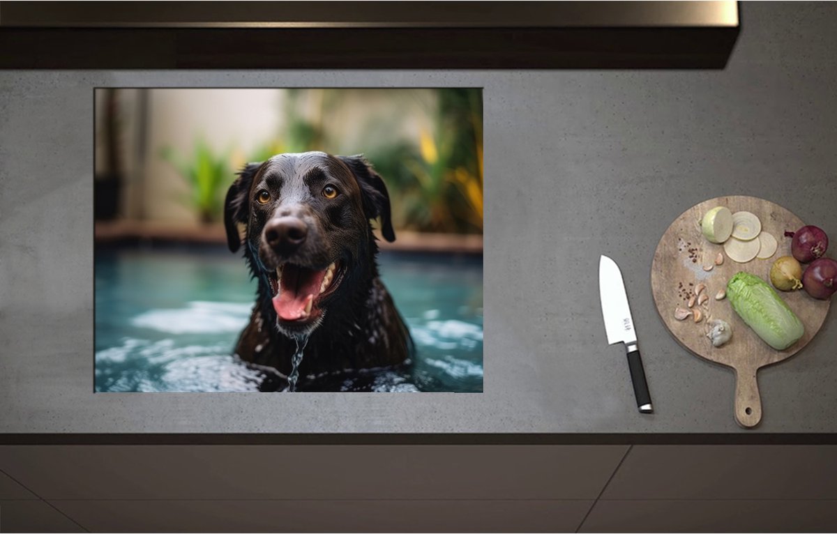Inductieplaat Beschermer - Bruine labrador komt met zijn kop boven water na het zwemmen - 70x55 cm - 2 mm Dik - Inductie Beschermer - Bescherming Inductiekookplaat - Kookplaat Beschermer van Zwart Vinyl