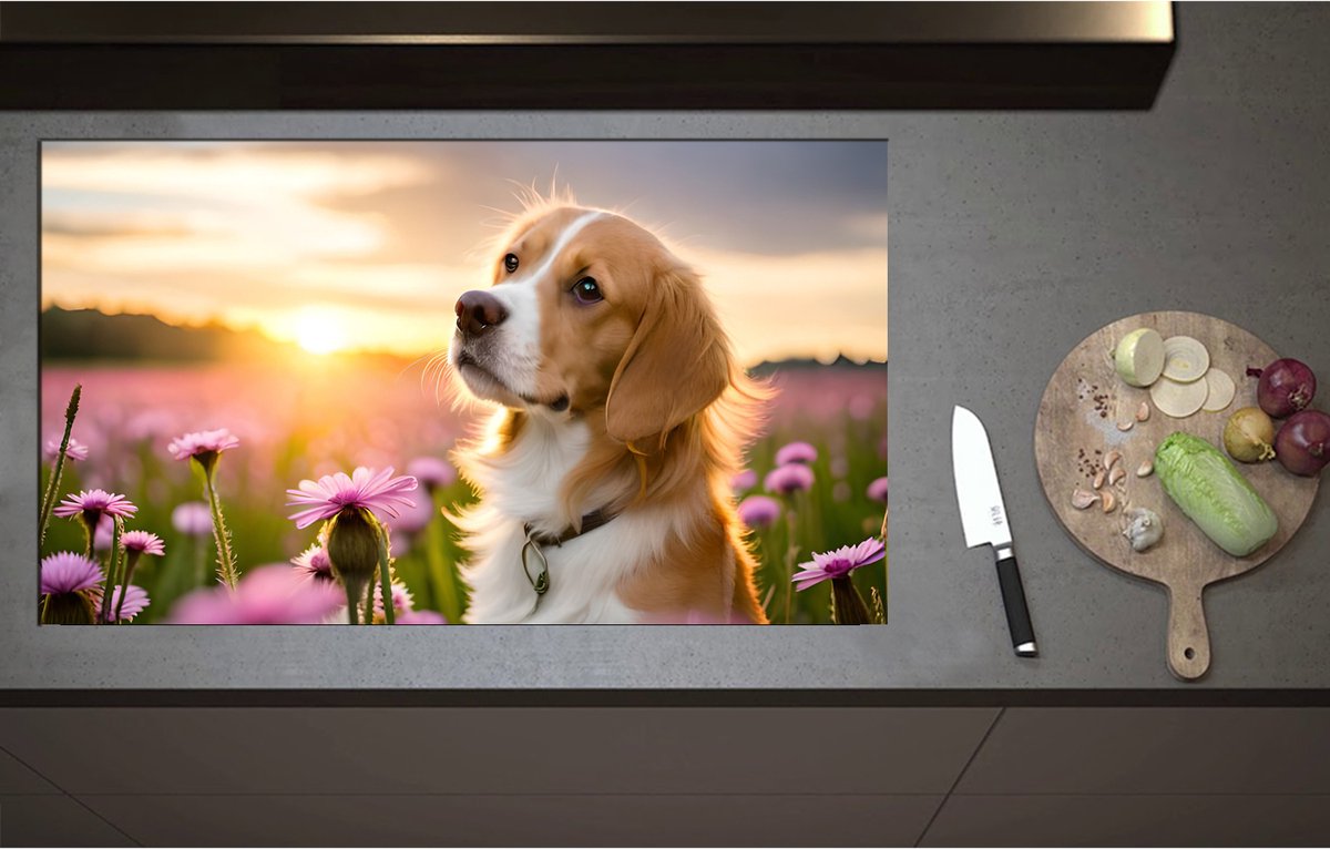 Inductieplaat Beschermer - Bruin met Witte Hond in Veld Vol Roze Bloemen met Zonsondergang - 95x55 cm - 2 mm Dik - Inductie Beschermer - Bescherming Inductiekookplaat - Kookplaat Beschermer van Zwart Vinyl