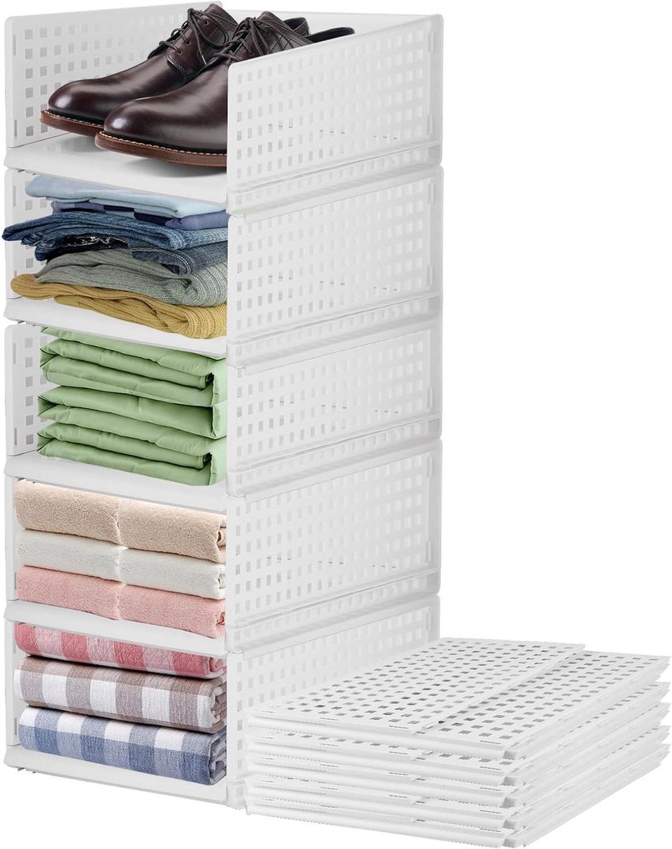 Opvouwbare kledingkastorganizer 5 stuks stapelladen plastic rek witte ladebox voor keuken en slaapkamer opbergrek inklapbaar