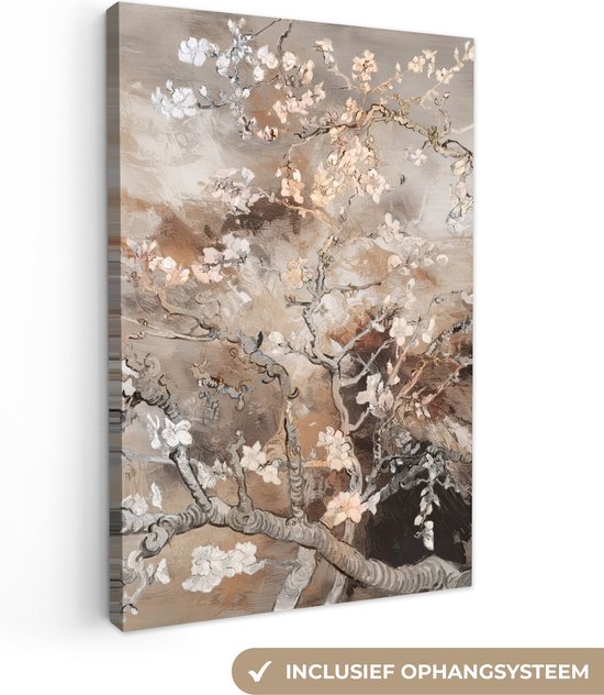 Abstract schilderij van amandelbloesem takken met witte en beige bloesems, hangend en inclusief ophangsysteem.