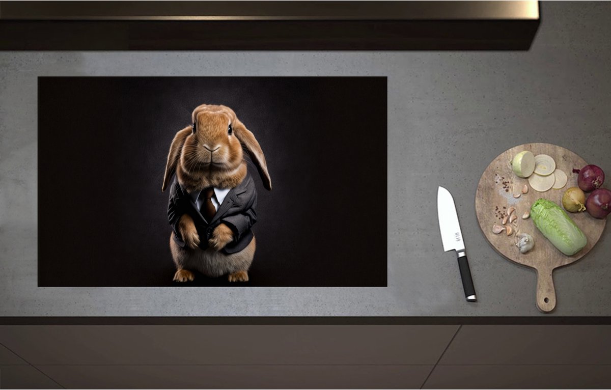Inductieplaat Beschermer - Bruin Konijn in Zakelijk Pak tegen Donkere Achtergrond - 85x52 cm - 2 mm Dik - Inductie Beschermer - Bescherming Inductiekookplaat - Kookplaat Beschermer van Wit Vinyl