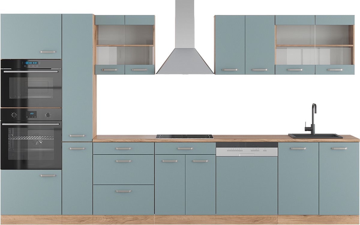 Vicco R-Line Keuken – 350 cm met hoge kast, zonder werkblad Blauw-grijs/gouden eik