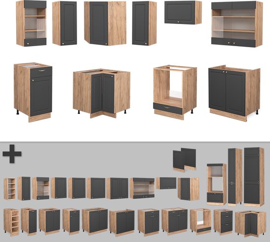 Vicco Fame- Line Meuble de cuisine complet – 200 cm, WB Chêne Anthracite Country House/ Goud Kraft Oak, WB Chêne