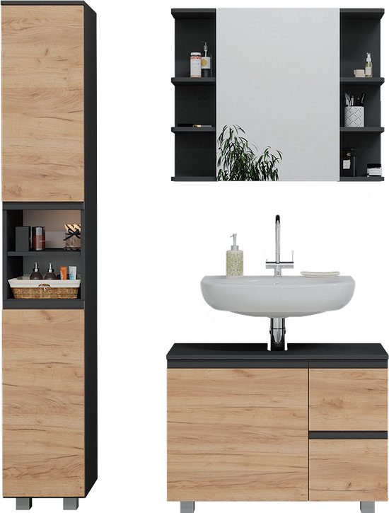 Vicco Ensemble de meubles de salle de bain en forme de J, Grijs/ Chêne, 3 parties